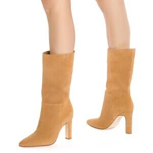 Larroude Cindy Leather Mid Boots Pull On Pointed Toe High Heel Toasted Suede 9